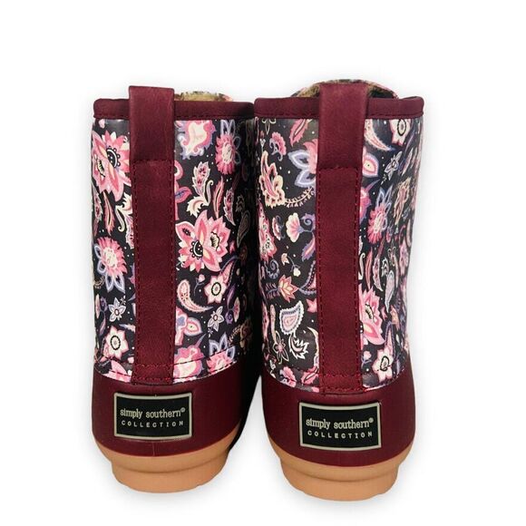 Simply Southern Paisley Floral Lace-up Duck Boots Wine / Multicolor Women's 9 - Picture 5 of 12